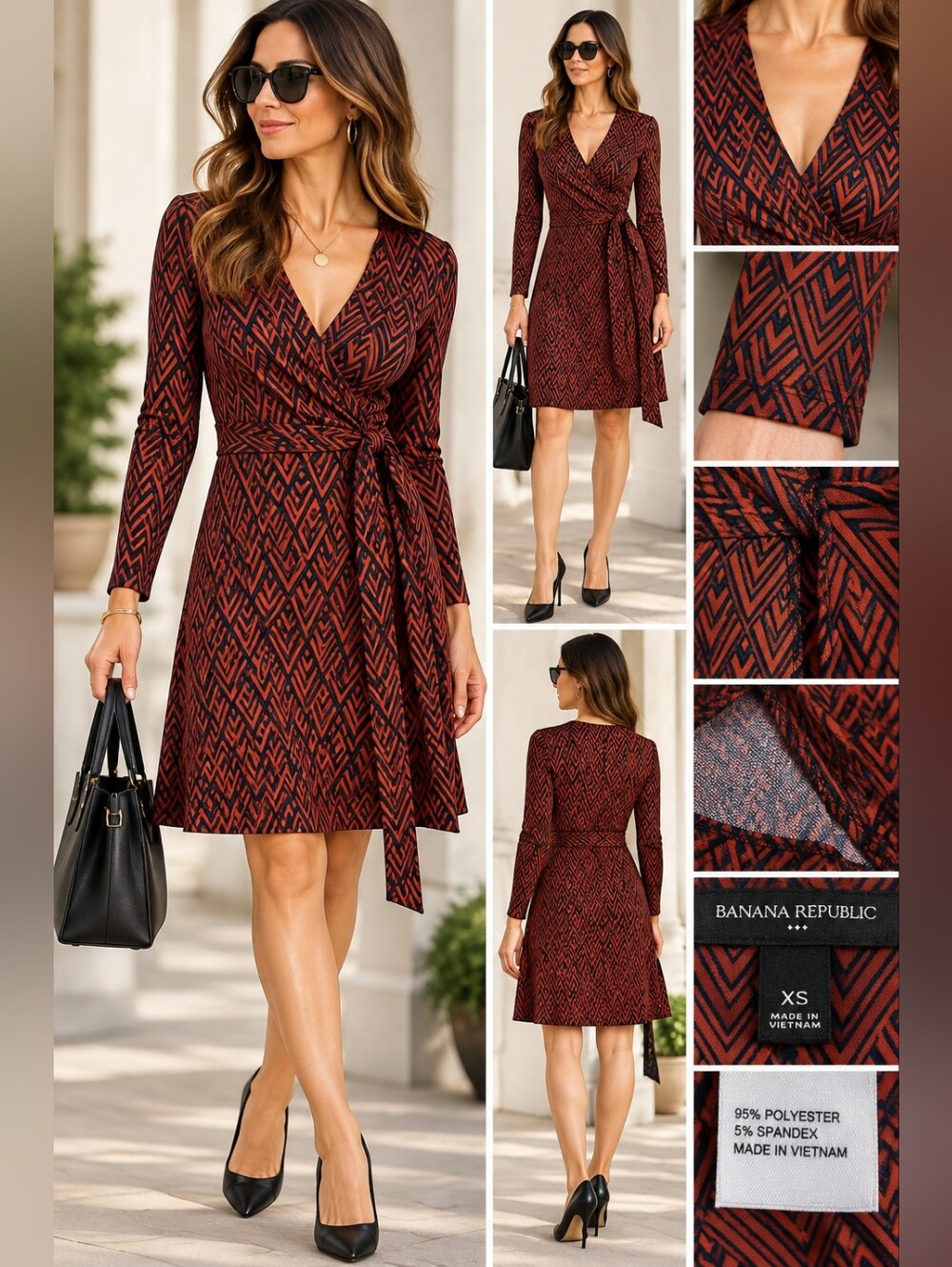 Banana Republic Geometric Wrap Dress XS | Rust & Navy | Long Sleeve
